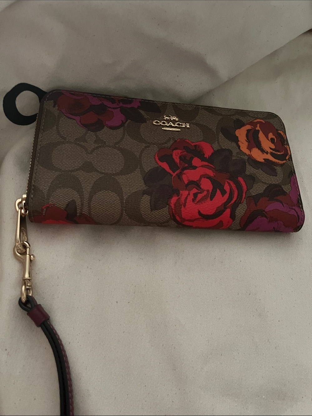 COACH Floral Signature Zip Wallet Wristlet - Brown with Red & Purple Roses